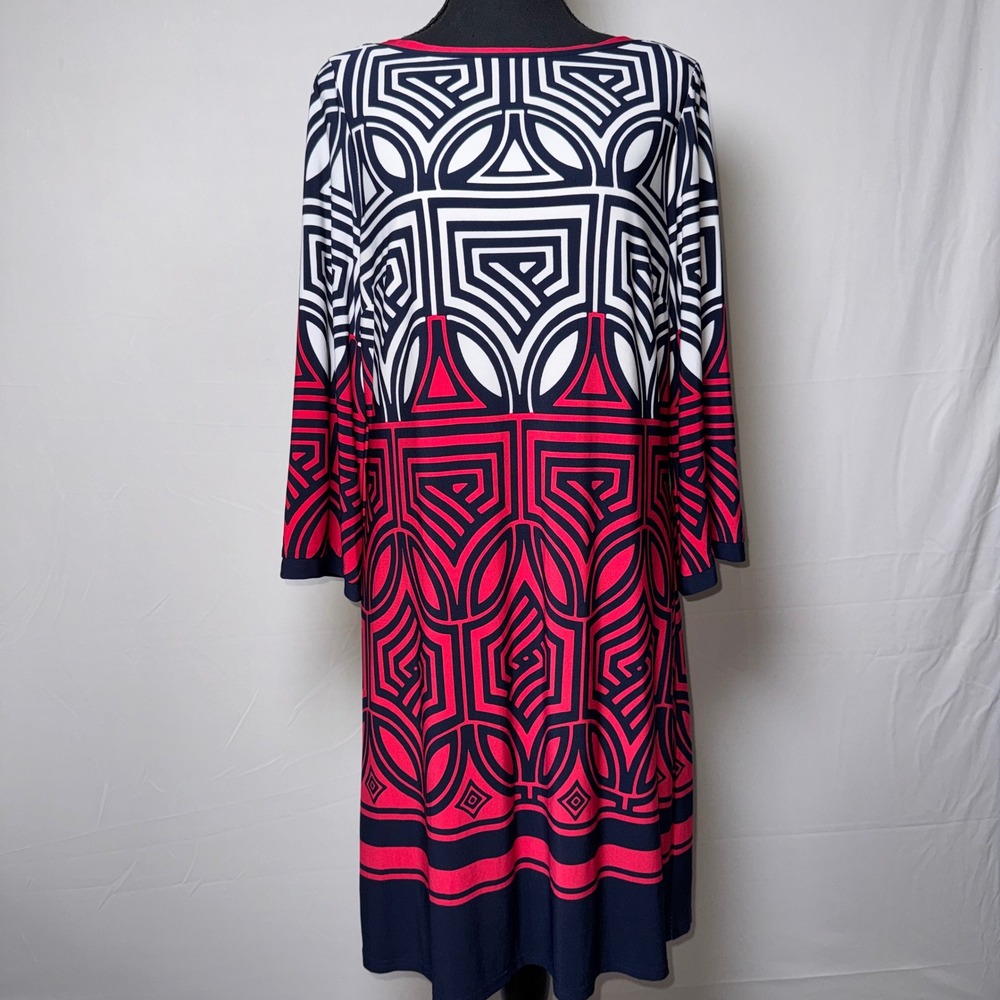 Eliza J Geometric Maze Print Shift Dress Navy Pink White 3/4 Sleeve Size 8